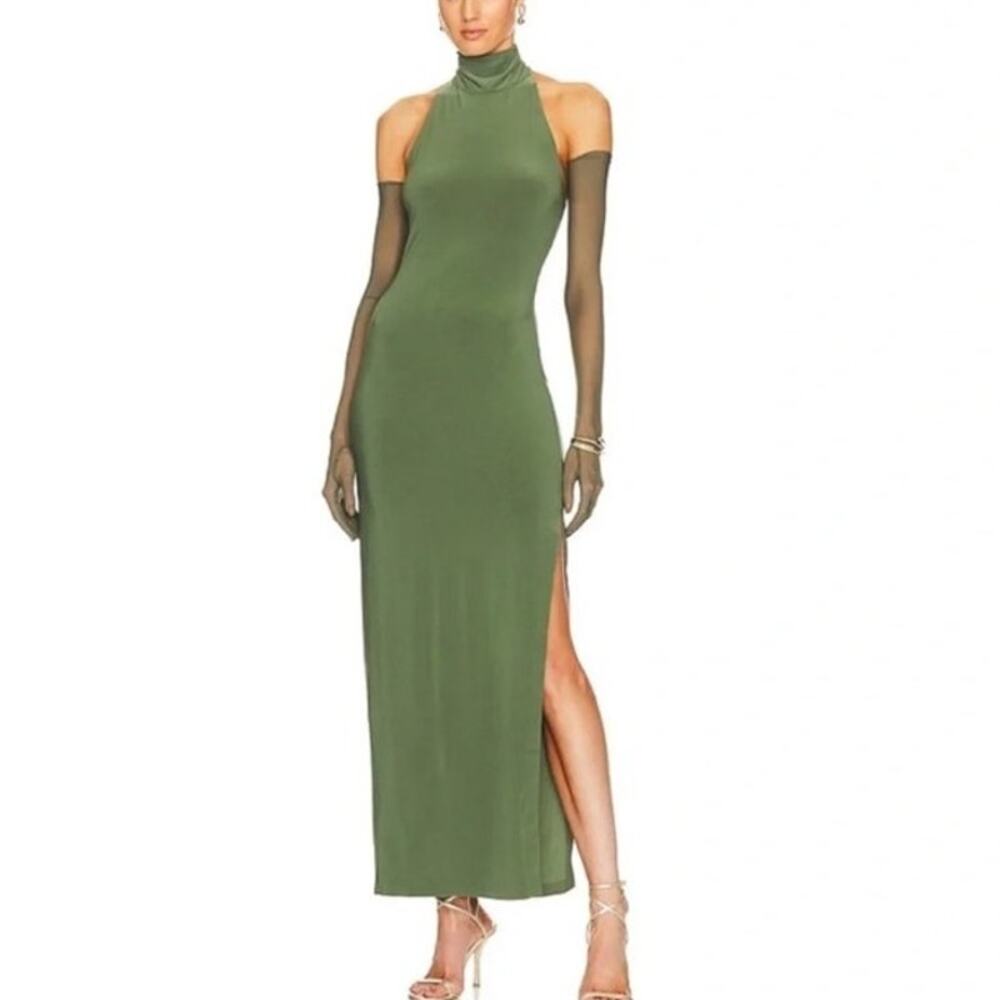 $225 Norma Kamali Halter Turtleneck Side Slit Stretch Jersey Midi Dress Small